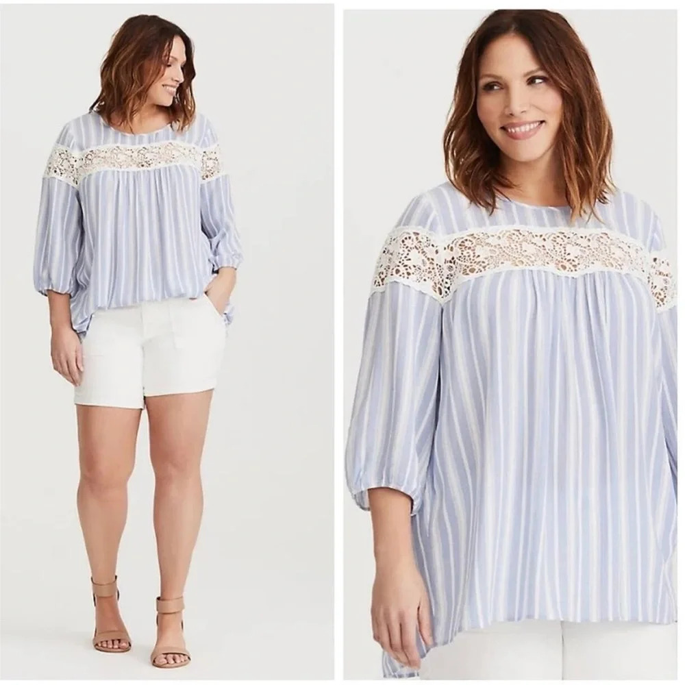 Torrid Light Blue & White Striped Crochet Lace Popover Blouse 0X Women’s